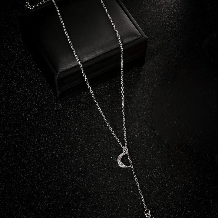 14K White Gold Plating Crystal Pav'e Crescent & Star Lariat Necklace