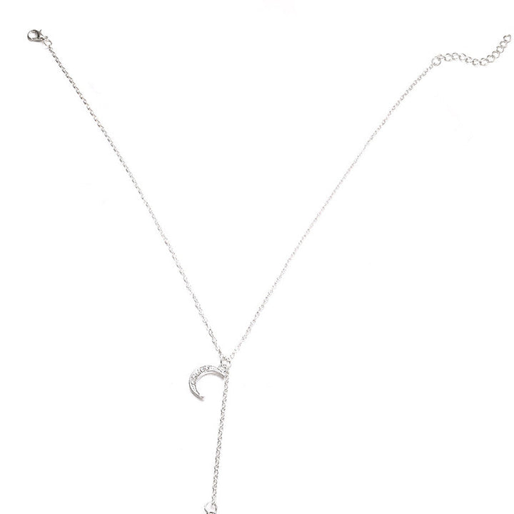 14K White Gold Plating Crystal Pav'e Crescent & Star Lariat Necklace