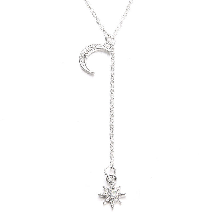 14K White Gold Plating Crystal Pav'e Crescent & Star Lariat Necklace