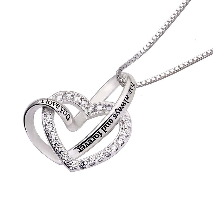 "I Love you Forever and Always" Heart Necklace Embellished with  Crystals in 18K White Gold Plated