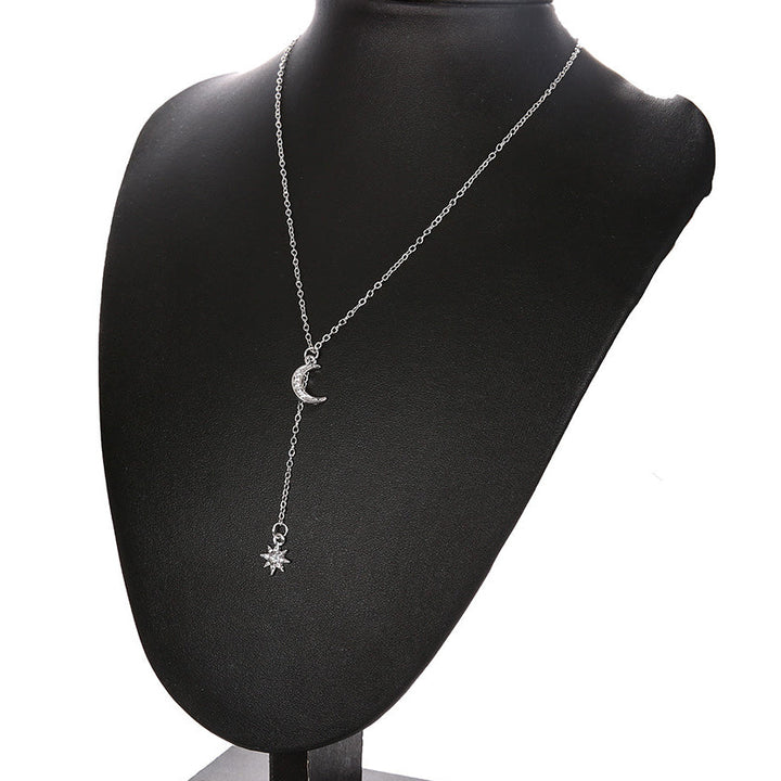 14K White Gold Plating Crystal Pav'e Crescent & Star Lariat Necklace