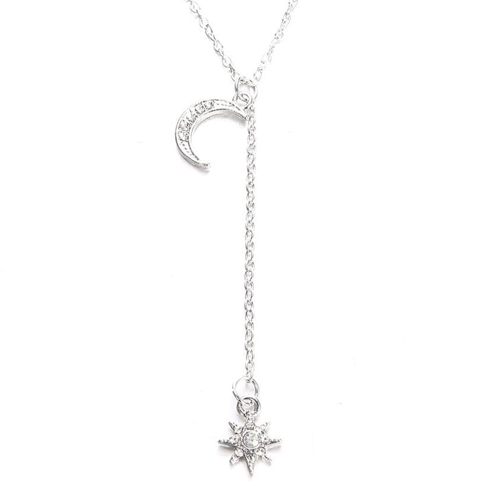 14K White Gold Plating Crystal Pav'e Crescent & Star Lariat Necklace